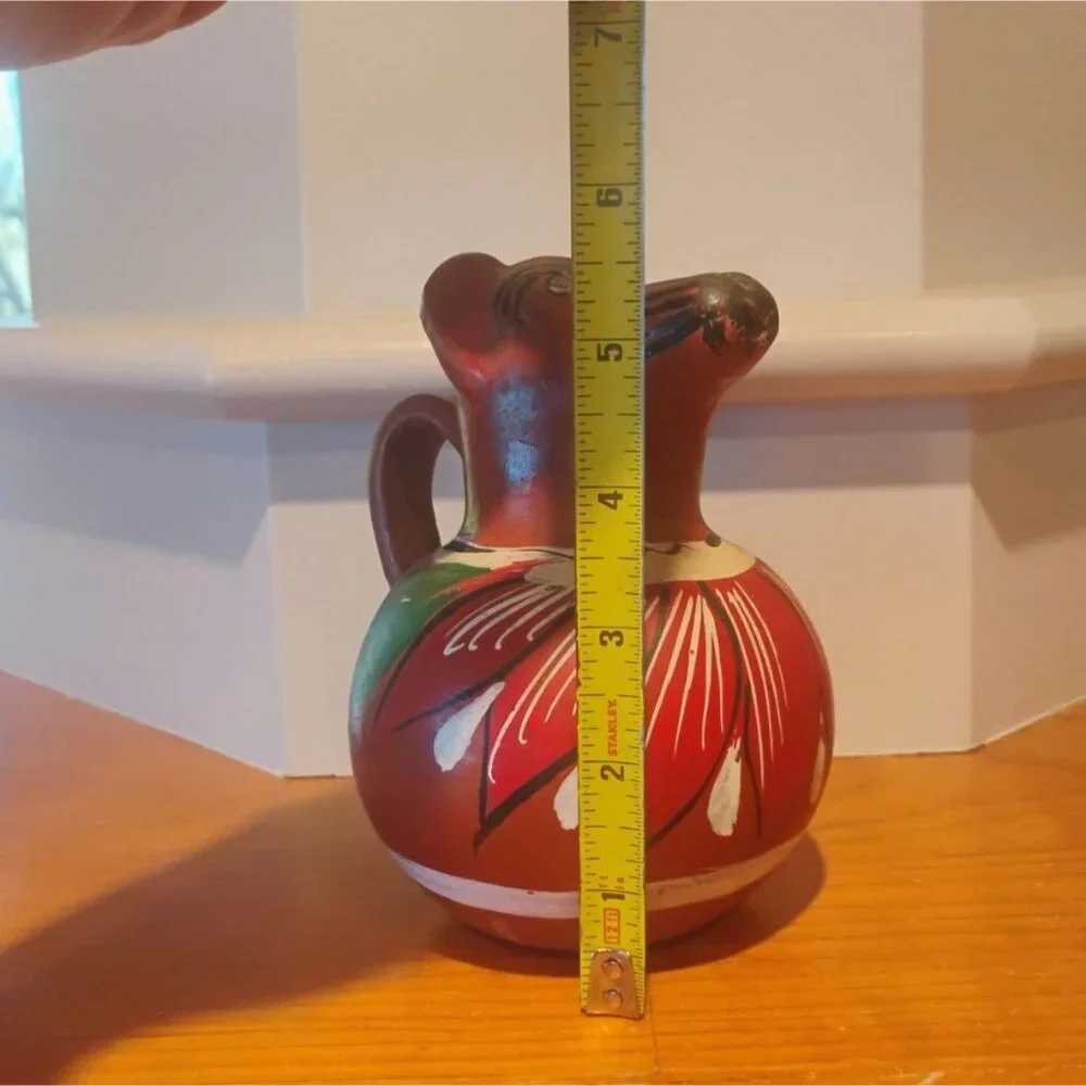 Vintage Mexican Terracotta Folk Art Dog Pitcher Hand Painted Redware Clay 5 1/2" - Picture 5 of 8